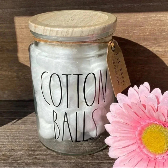 NEW - Rae Dunn - CUTE reusable COTTON BALL Glass Jar with wooden Lid - Picture 5 of 8